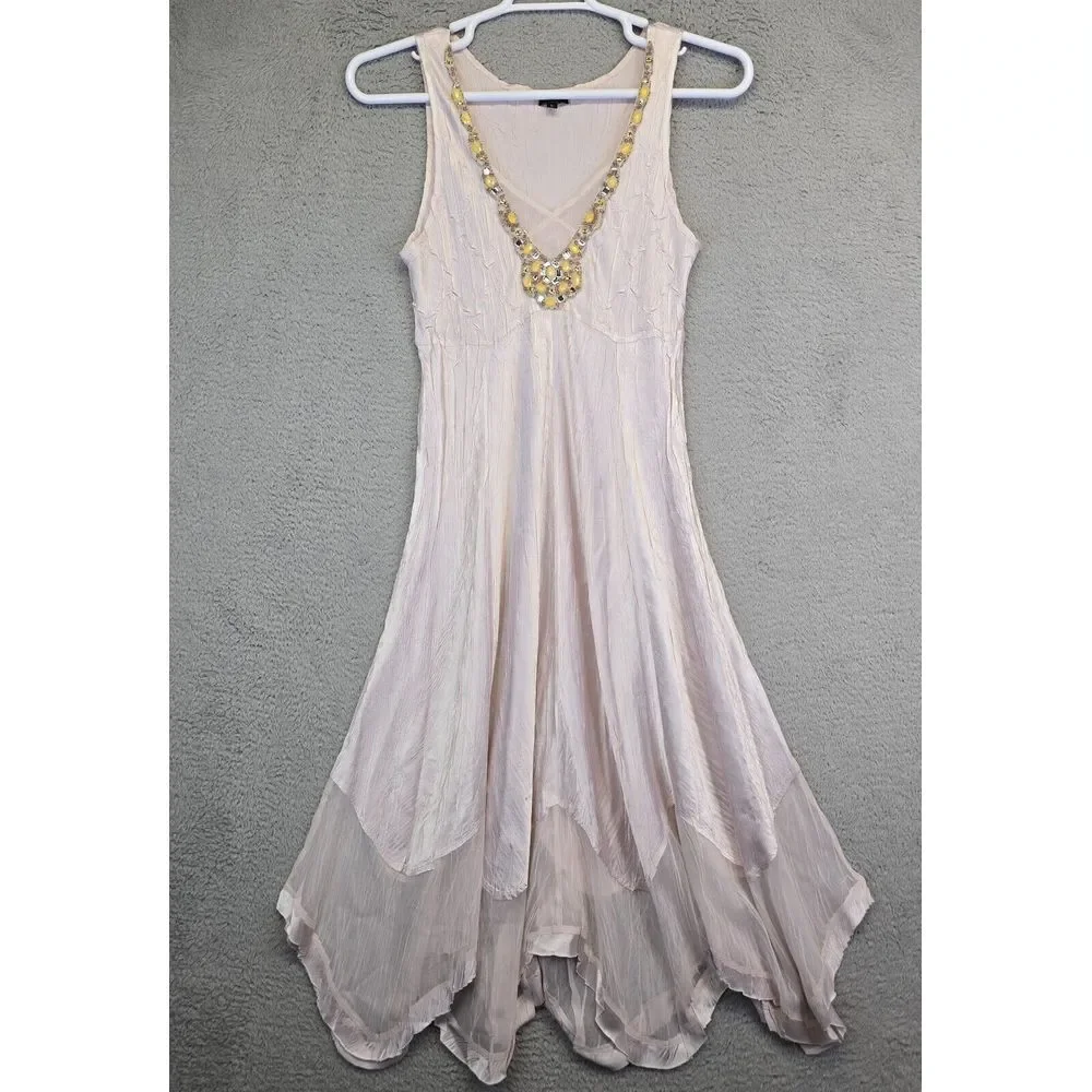 Vintage Komarov Maxi Dress Womens L Jeweled Neckline Charmeuse Asymmetric Flowy - Picture 1 of 16